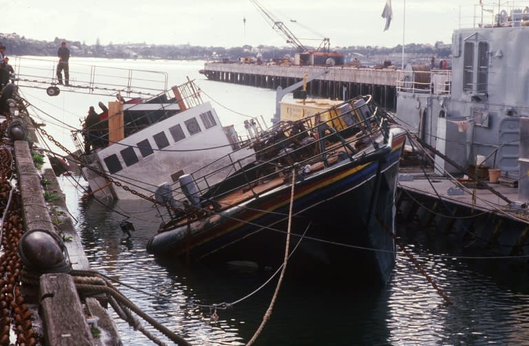 Greenpeace's Rainbow Warrior, which was sunk when French intelligence slipped into Auckland Harbour late on July 10, 1985 and fixed two large limpet mines to its hull, pictured on August 14, 1985