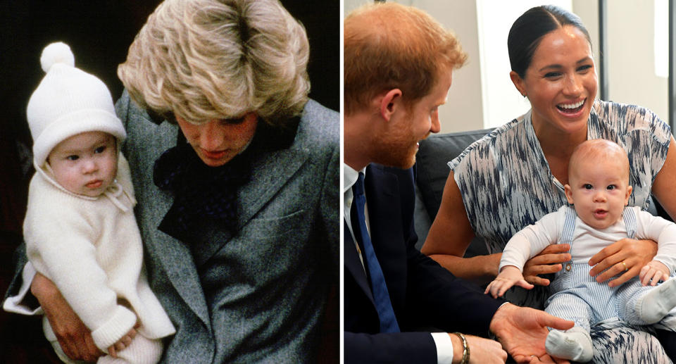 Prince Harry as a baby, pictured left, with late mother Princess Diana in 1985, and baby Archie with parents Meghan Markle and Prince Harry today. [Photo: Getty]