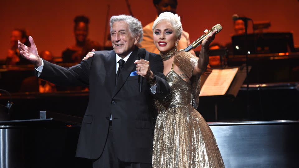 Tony Bennett and Lady Gaga performed at Radio City Music Hall in August 2021. It was Bennett's final public performance. - Kevin Mazur/Getty Images