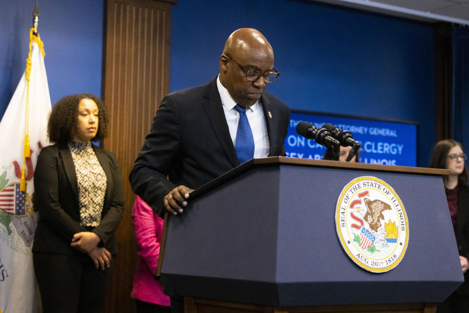 Illinois Attorney General Kwame Raoul speaks on the findings of his office's investigation into Catholic Clergy Child Sex Abuse in Chicago, Tuesday, May 23, 2023. At the news conference announcing his office's findings, Attorney General Raoul credited accusers for making the review possible. (Eileen T. Meslar/Chicago Tribune via AP)