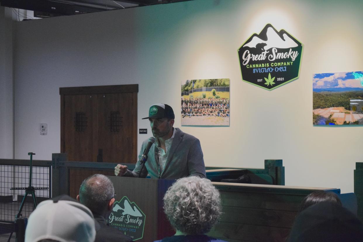Forrest Parker speaks during the grand opening ceremony of the Eastern Band of Cherokee Indians' Great Smoky Cannabis Co. dispensary in Cherokee, North Carolina. April 20, 2024.