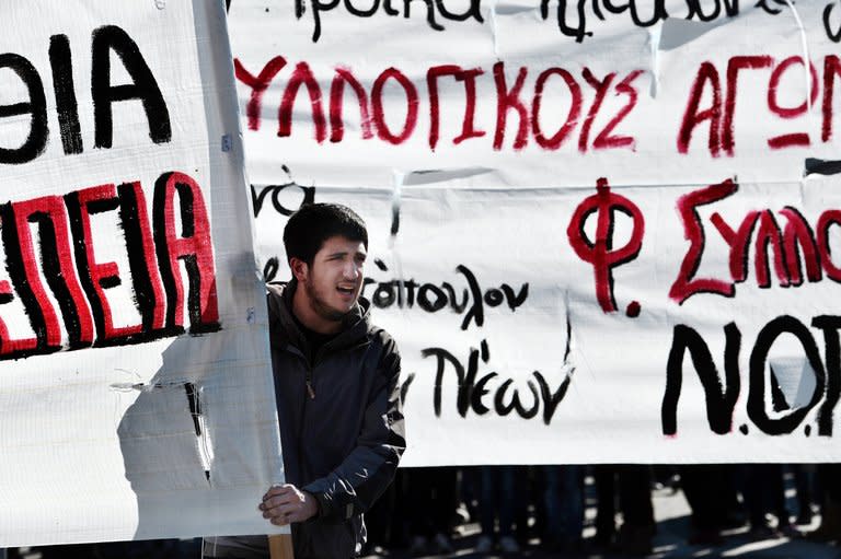 A demonstrator attends a march on February 20, 2013 in Athens during a 24-hour general strike called by leading unions against austerity measures. Greece's three-party government insists there is no alternative to the harsh austerity programme demanded by the country's creditors in return for vital loans to stave of bankruptcy