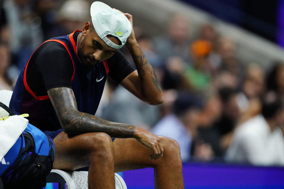 Nick Kyrgios, of Australia, takes a break as he play Karen Khachanov, of Russia, during the quarterfinals of the U.S. Open tennis championships, Tuesday, Sept. 6, 2022, in New York. (AP Photo/Frank Franklin II)