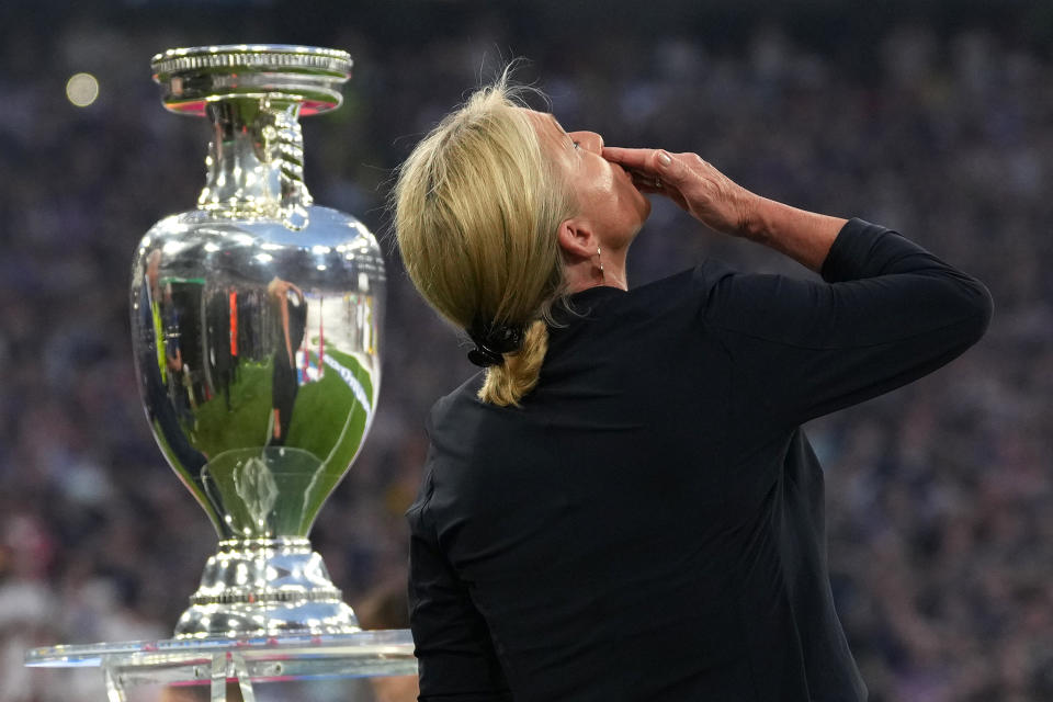 MUNICH, GERMANY - JUNE 14: Heidi Beckenbauer, wife of Franz Beckenbauer, German former professional football player, gestures prior to kick-off ahead of the UEFA EURO 2024 group stage match between Germany and Scotland at Munich Football Arena on June 14, 2024 in Munich, Germany. (Photo by Alex Caparros - UEFA/UEFA via Getty Images)