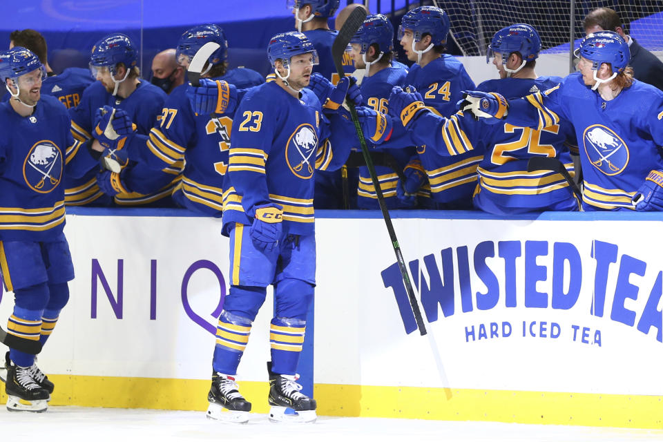 Buffalo Sabres forward Sam Reinhart (23) celebrates his goal during the second period of an NHL hockey game against the Pittsburgh Penguins, Sunday, April 18, 2021, in Buffalo, N.Y. (AP Photo/Jeffrey T. Barnes)