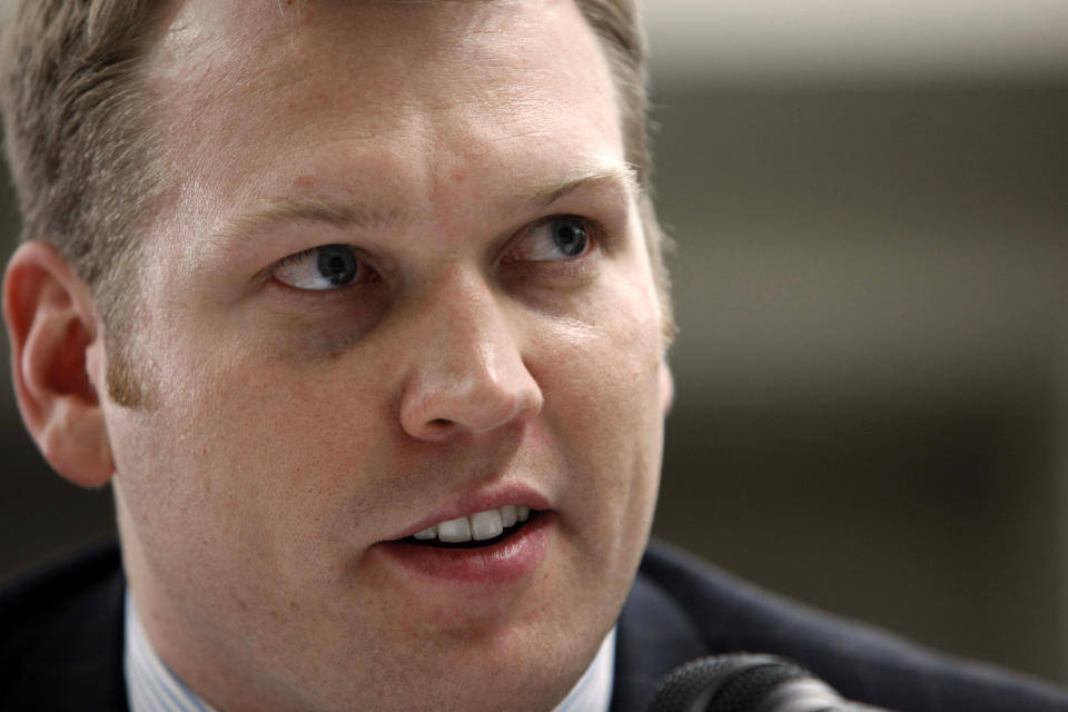 FILE - Sports Legacy Institute president Chris Nowinski listens during a House Judiciary Committee hearing entitled "Legal Issues Relating to Football Head Injuries, Part II" in Detroit. The Concussion Legacy Foundation, formerly known as the Sports Legacy Institute, announced Tuesday, May 16, 2023, that four former soccer pros have been diagnosed with chronic traumatic encephalopathy. (AP Photo/Paul Sancya, File)