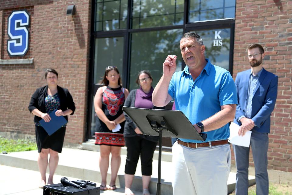 Somersworth Mayor and school leader Dana Hilliard speaks out against Gov. Chris Sununu's budget at Somersworth High School Wednesday, June 23, 2021.