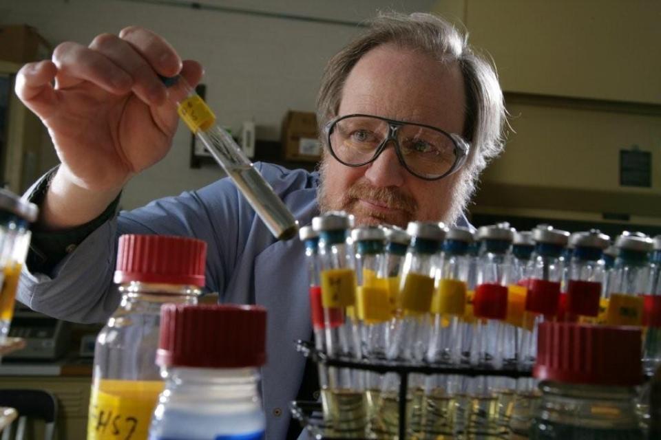 Tommy Phelps, a researcher at Oak Ridge National Laboratory, examines a vial of microbes collected during a trip to the hot springs of Yellowstone National Park. Discovering organisms to efficiently and cost-effectively convert plants into biofuels is one of the tasks of the Bioenergy Science Center, of which ORNL is a partner.