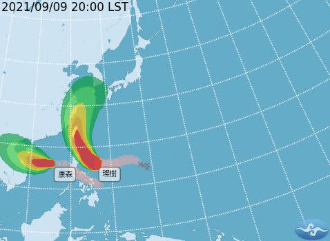 ▲強颱璨樹路徑北移偏東 預估明晨發海警。（圖／氣象局）