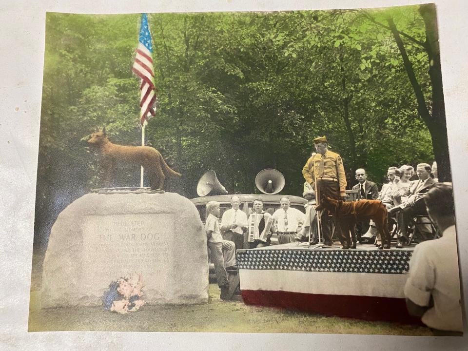 At that time of this photo, 1946, the cemetery was called Happy Hunting Ground Pet Cemetery in Lyon Township. Sgt Sparks, the Doberman pinscher on stage, had been adopted by Cpl. Jack Patterson, of Rochester. He, like Sparks, had served in the United States Marine Corps. Here is the dedication of the large War Dog Monument at the memorial in 1946.
