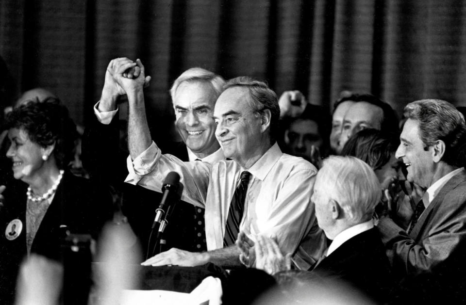 Newly elected Sen. Harris Wofford (D-Pa.) is congratulated by Pennsylvania Gov. Bob Casey after defeating Republican Dick Thornburgh, Nov. 11, 1991, in Philadelphia.