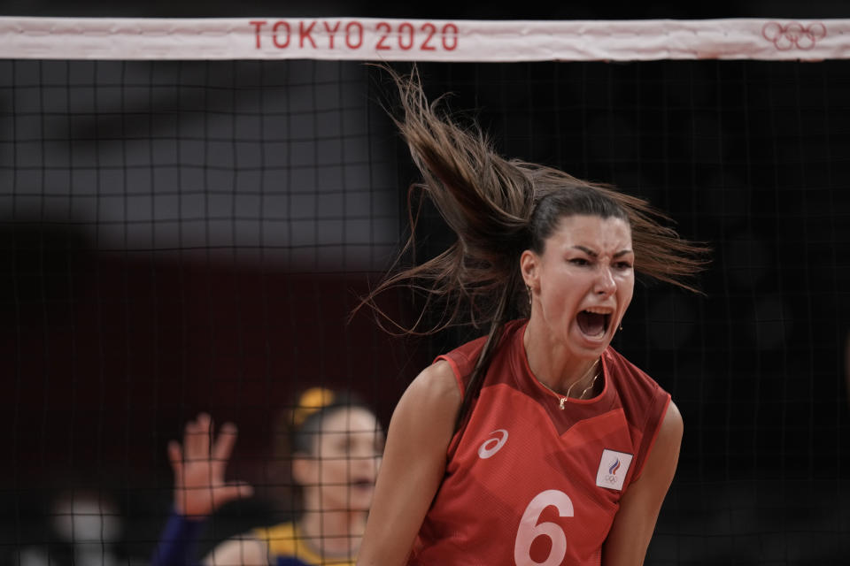 <p>Irina Koroleva, of the Russian Olympic Committee, celebrates a point during a women's volleyball quarterfinal match against Brazil, at the 2020 Summer Olympics, Wednesday, Aug. 4, 2021, in Tokyo, Japan. (AP Photo/Manu Fernandez)</p> 