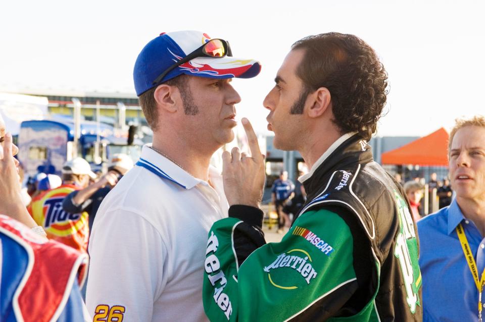 Ricky Bobby (Will Ferrell, left) faces off with rival driver Jean Girard (Sacha Baron Cohen) in the comedy "Talladega Nights: The Ballad of Ricky Bobby."