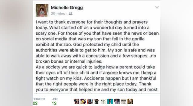 The little boy's mother Michelle Gregg uploaded this post to Facebook before deactivating her account.