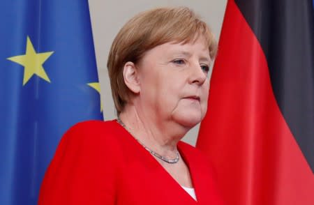 German Chancellor Angela Merkel and Moldovan Prime Minister Maia Sandu hold a joint news conference at the Chancellery in Berlin