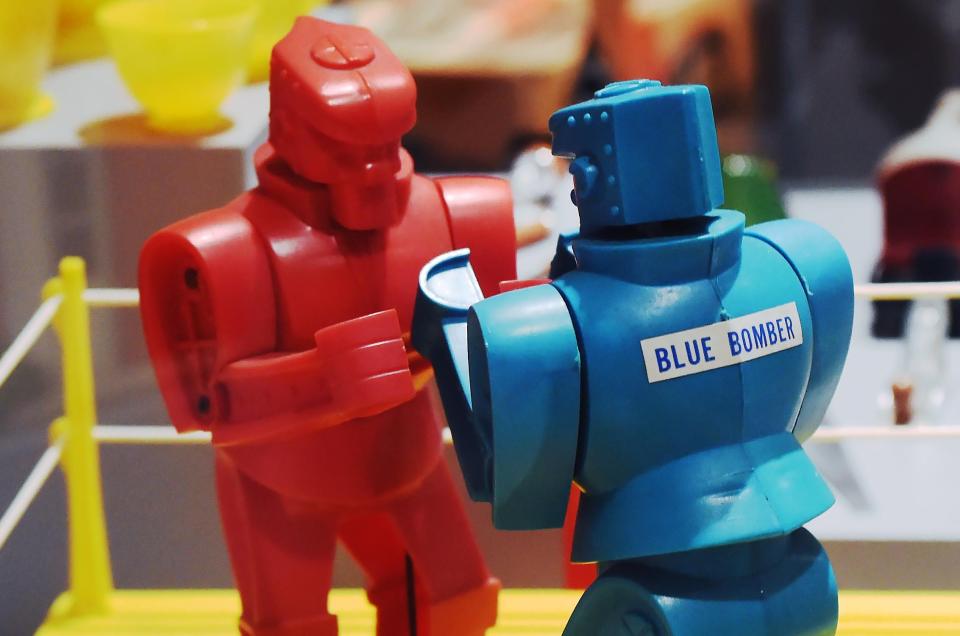 A pair of Rock'Em Sock'Em Robots, made by Marx Toys, square off at the Hagen History Center in Erie.