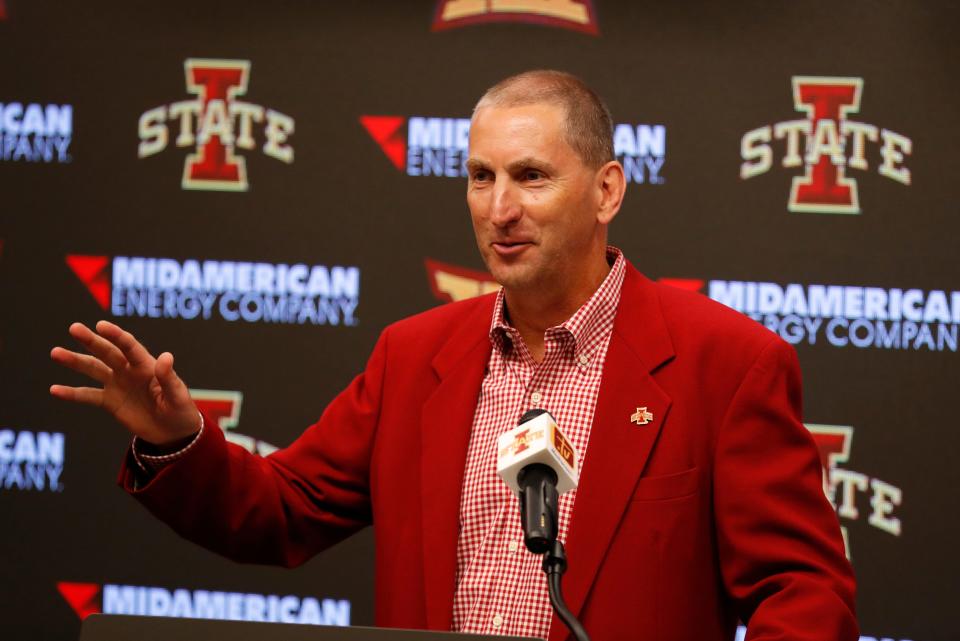 Iowa State athletics director Jamie Pollard, shown during a 2021 news conference, said college athletics waters have always been choppy. “We’ll find our way through it," he said.