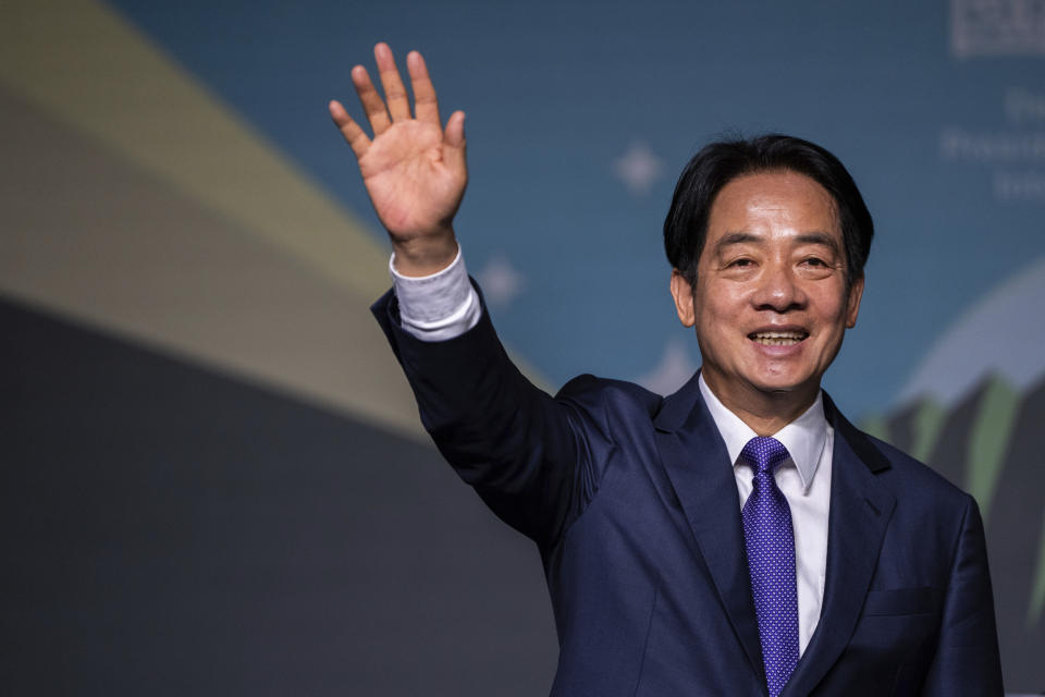 Taiwanese Vice President Lai Ching-te, also known as William Lai celebrates his victory in Taipei, Taiwan, Saturday, Jan. 13, 2024. The Ruling-party candidate emerged victorious in Taiwan's presidential election on Saturday and his opponents conceded, a result that will chart the trajectory of the self-ruled democracy's relations with China over the next four years. (AP Photo/Louise Delmotte)