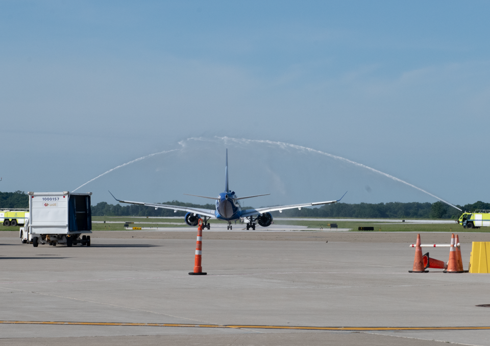 Breeze Airways' direct flight to Los Angeles from the Akron-Canton Airport gets a water cannon sendoff Thursday in Green.