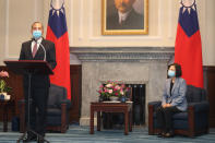 U.S. Health and Human Services Secretary Alex Azar, left, speaks during a meeting with Taiwan's President Tsai Ing-wen in Taipei, Taiwan Monday, Aug. 10, 2020. Azar met with Tsai on Monday during the highest-level visit by an American Cabinet official since the break in formal diplomatic ties between Washington and Taipei in 1979. (Pool Photo via AP Photo)