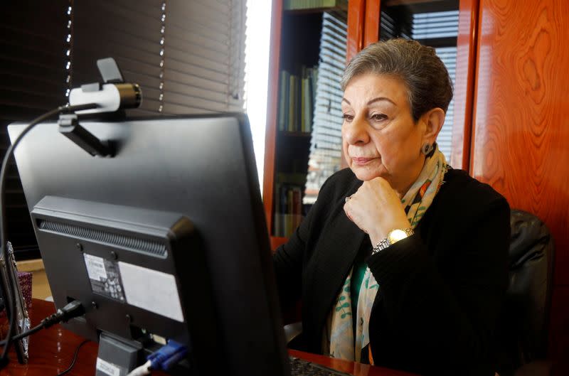 Palestinian politician Hanan Ashrawi gestures during an interview with Reuters, in Ramallah in the Israeli-occupied West Bank
