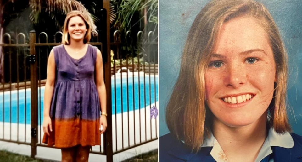 Photos of Karen Iles in her early teen years. Left shows her in a purple and orange dress. Right is a headshot from school photos.