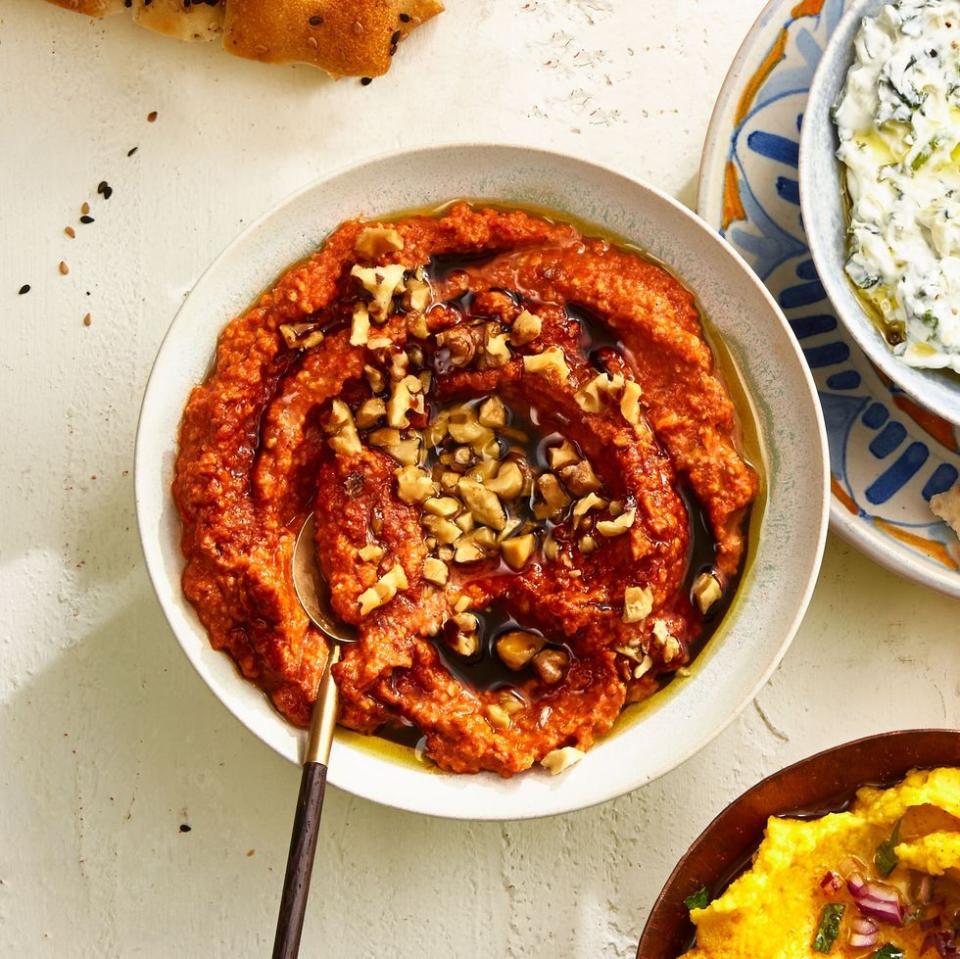 <p>This Turkish-inspired dip is made with roasted red peppers, walnuts, lemon juice, garlic and ground sumac for a rich, intensely flavorful spread that will be the hit of your party.</p><p>Get the <a href="https://www.goodhousekeeping.com/food-recipes/a34975468/muhammara-dip-recipe/" rel="nofollow noopener" target="_blank" data-ylk="slk:Muhammara Dip recipe;elm:context_link;itc:0;sec:content-canvas" class="link "><strong>Muhammara Dip recipe</strong></a>.</p><p><strong>RELATED: </strong><a href="https://www.goodhousekeeping.com/food-recipes/party-ideas/g4967/easy-dip-recipes/" rel="nofollow noopener" target="_blank" data-ylk="slk:80 Best Party Dip Recipes That Are Easy to Serve a Crowd;elm:context_link;itc:0;sec:content-canvas" class="link ">80 Best Party Dip Recipes That Are Easy to Serve a Crowd</a></p>