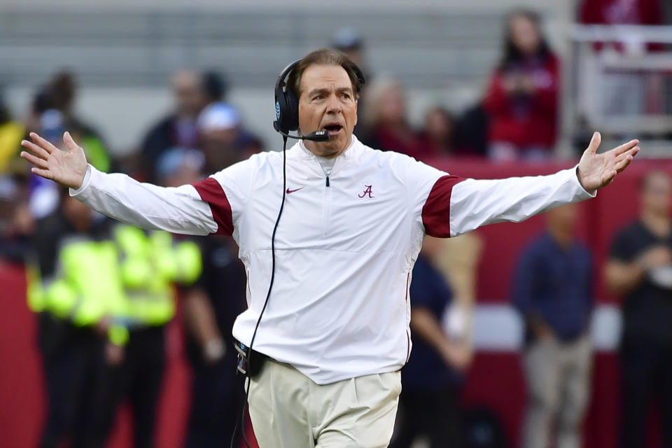 FILE - In this Nov. 9, 2019, file photo, Alabama coach Nick Saban reacts during the first half of the team's NCAA college football game against LSU in Tuscaloosa, Ala. Alabama allowed 18.6 points per game nationally last season, good enough for 13th nationally. But it’s still the most the Tide has given up since 2007, Saban’s first year in Tuscaloosa. (AP Photo/Vasha Hunt, File)