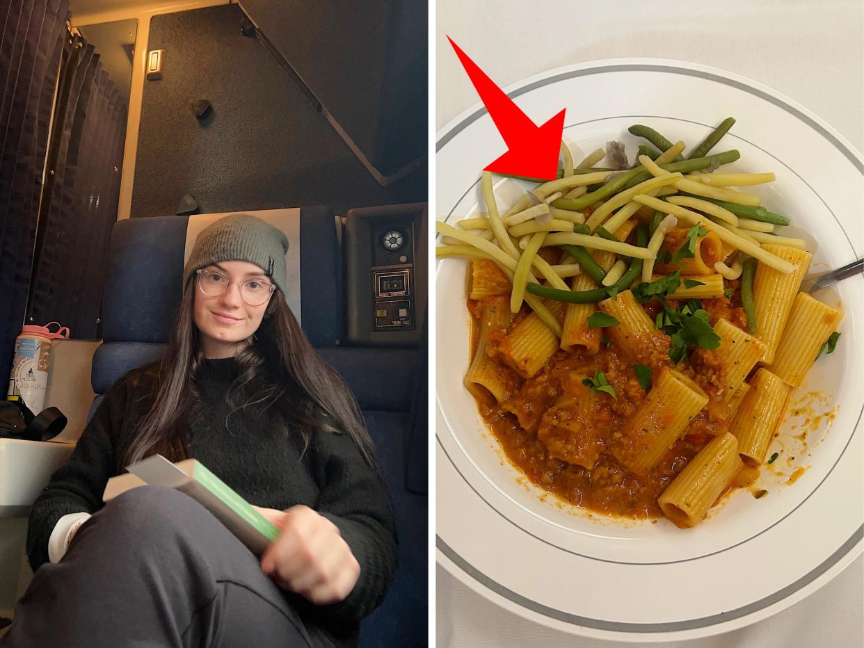 A side-by-side photo of the author and one of her meals while on the train