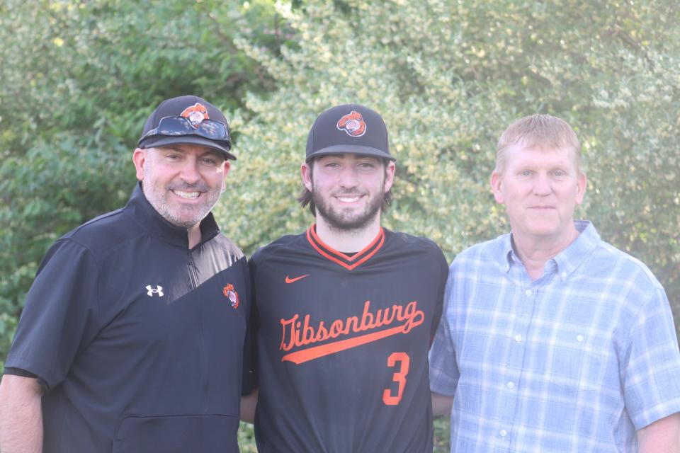 Gibsonburg coach Kyle Rase, program career strikeout leader Nolan Hoover and former record holder Scott Widmer.