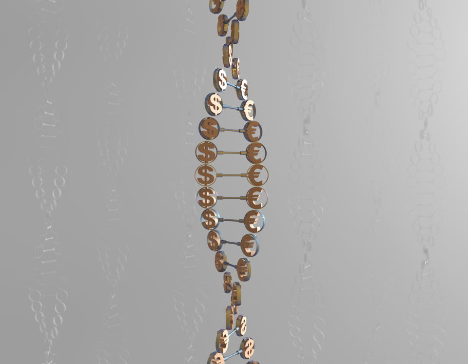 A double helix consisting of gold U.S. dollar and euro signs.