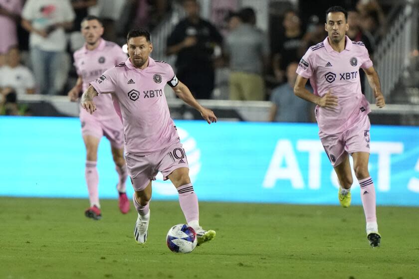 Inter Miami forward Lionel Messi (10) advances the ball during the second half of a Leagues Cup soccer match against Cruz Azul, Friday, July 21, 2023, in Fort Lauderdale, Fla. (AP Photo/Lynne Sladky)