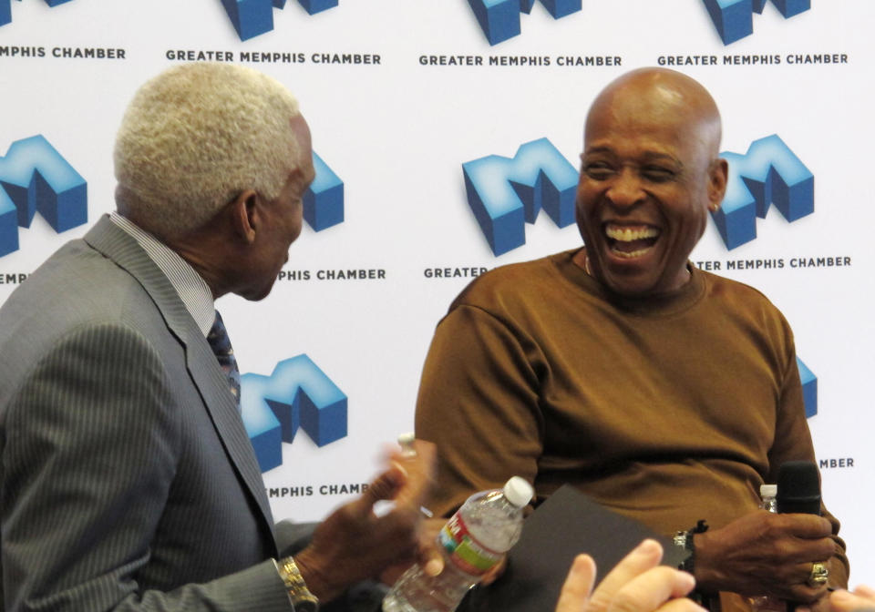 Songwriter David Porter, right, laughs as Memphis Mayor A C Wharton Jr. talks about Porter's new national music mentorship program on Tuesday, Oct. 23, 2012 in Memphis, Tenn. Porter, who co-wrote the soul classics "Soul Man" and "Hold On I'm Comin'," hopes to create a talent pool of successful young musicians who will learn from music industry veterans involved in the Memphis-based program. (AP Photo/Adrian Sainz)