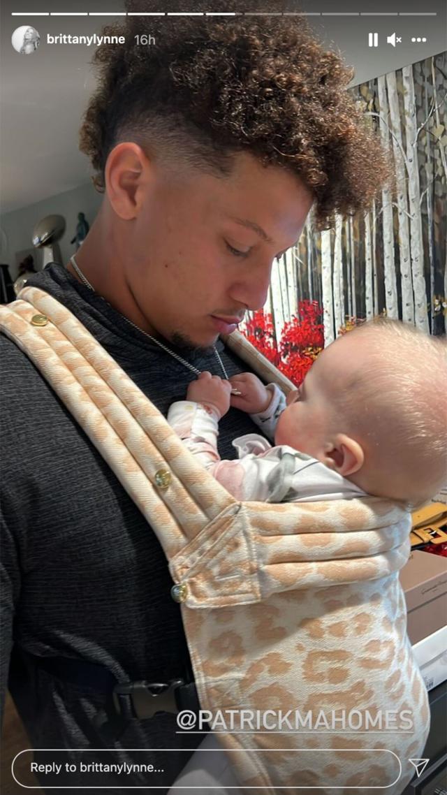 Patrick Mahomes Cradles Daughter Sterling in Leopard Print Baby