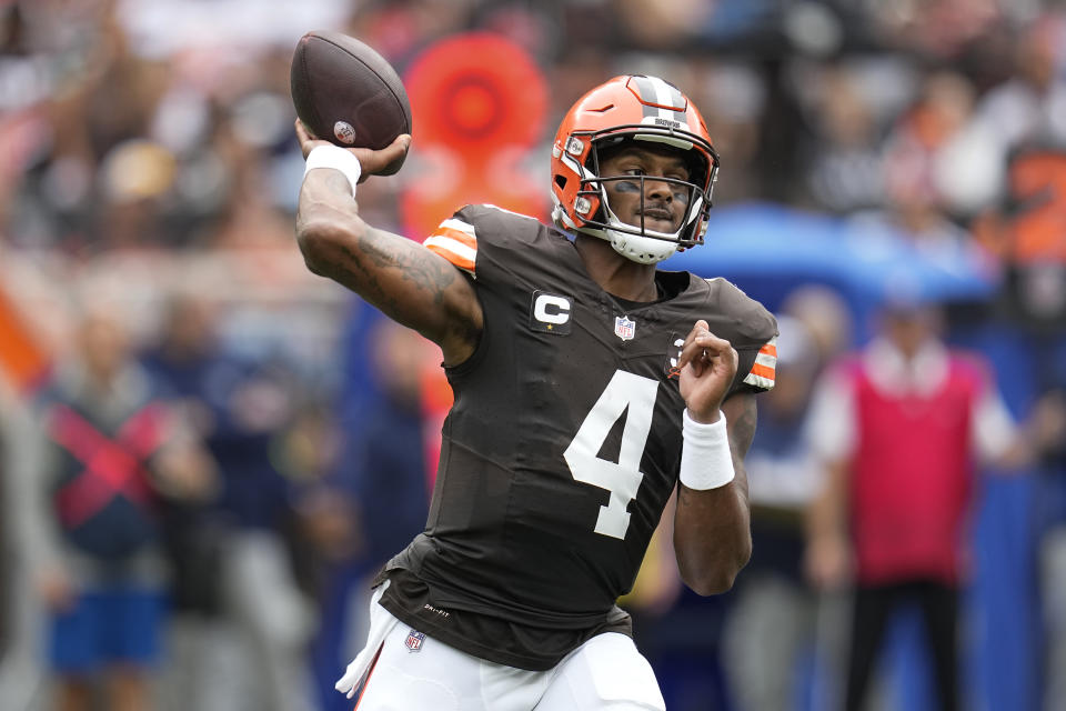 Cleveland Browns quarterback Deshaun Watson (4) throws a pass against the Tennessee Titans during the first half of an NFL football game Sunday, Sept. 24, 2023, in Cleveland. (AP Photo/Sue Ogrocki)