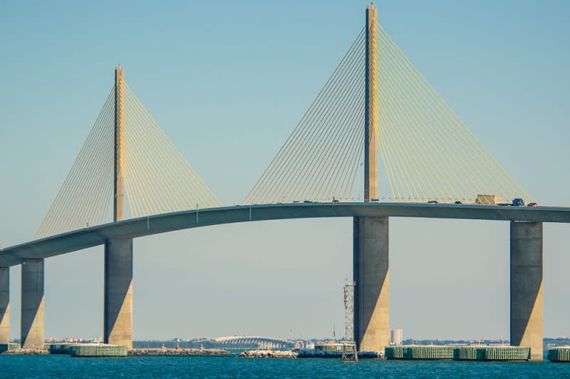 The Sunshine Skyway Bridge in Tampa, Fla., was rebuilt in 1987 after the original bridge collapsed in 1981. A freighter struck a support post during a storm, collapsing the southbound span. A Greyhound bus and seven other vehicles were plunged into the water, killing 35 people. File Photo by Robert Neff/Wikimedia Commons