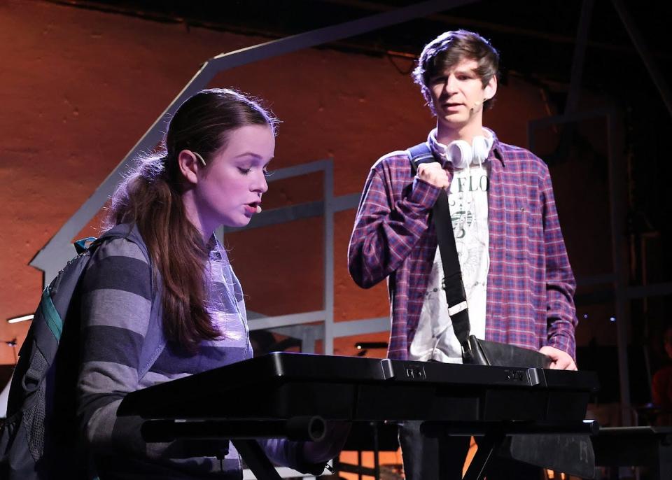 Wil Moser, right, as Gabe, and Merritt Willcox as Natalie share a moment in Eventide Theatre Company's production of "next to normal."