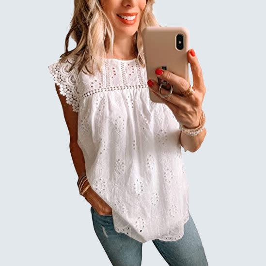 <a href="https://www.amazon.com/Diukia-Crewneck-Embroidery-Sleeveless-Blouses/dp/B08R8V373B/?tag=readerwp-20" rel="nofollow noopener" target="_blank" data-ylk="slk:Diukia Sleeveless Eyelet Blouse;elm:context_link;itc:0;sec:content-canvas" class="link rapid-noclick-resp">Diukia Sleeveless Eyelet Blouse</a>