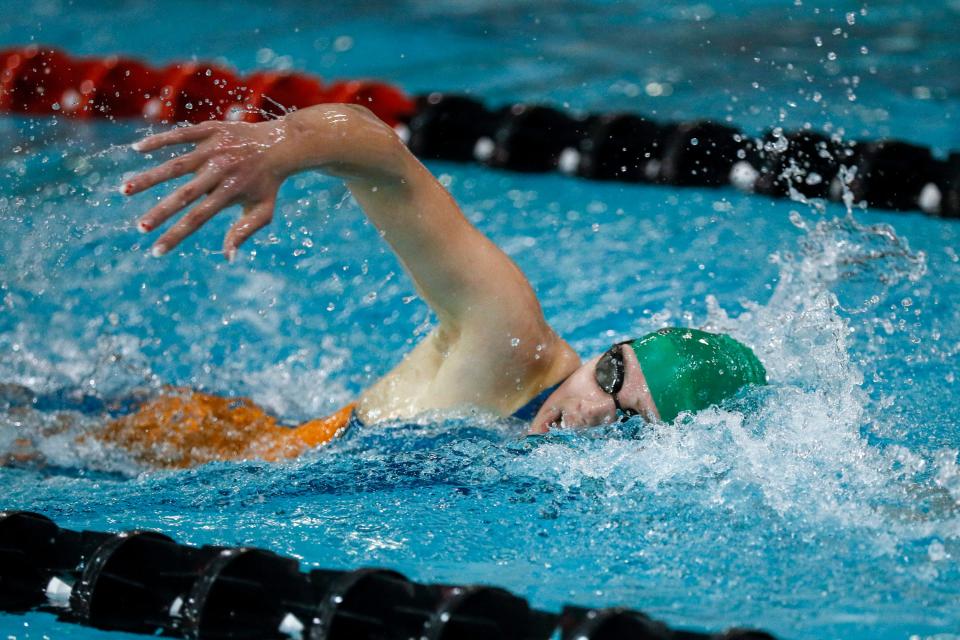 Dublin Coffman’s Emily Brown earned her third consecutive sweep of the 200- and 500-yard freestyle titles.