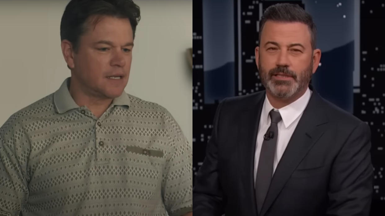  Matt Damon in Air and Jimmy Kimmel on Jimmy Kimmel Live, pictured side by side. 