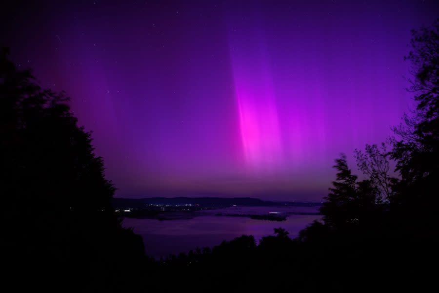 11 May 2024, Kochel: Northern lights sparkle in the night sky over Lake Kochel in Bavaria. Photo: Matthias Balk/dpa (Photo by Matthias Balk/picture alliance via Getty Images)