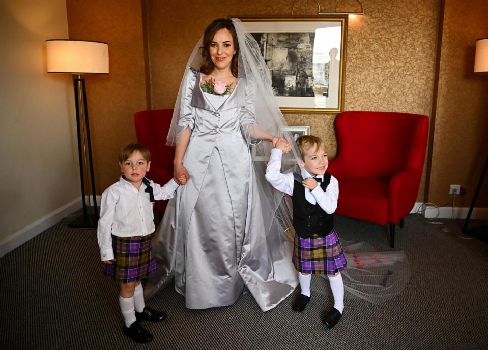 PHOTO: Stella Moris, the partner of Wikileaks founder Julian Assange, is photographed with their sons Max, 3, and Gabriel, 4, at a hotel in London on March 23, 2022 in London, England. (Pool/Getty Images)