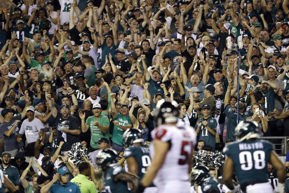 Philadelphia Eagles fans cheer after a defensive stand during the first half of the team's NFL football game against the Atlanta Falcons, Thursday, Sept. 6, 2018, in Philadelphia. (AP Photo/Matt Rourke)