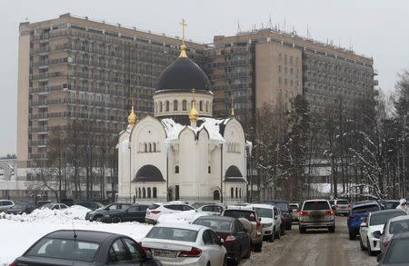 A view shows a church in front of the Third Vishnevskiy Central Military Clinical Hospital in Krasnogorsk, Russia February 16, 2018. REUTERS/Sergei Karpukhin