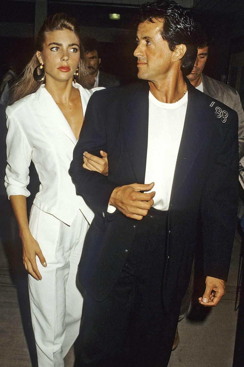 BURBANK, CA - AUGUST 26: Actor Sylvester Stallone and date Jennifer Flavin attend Mike O'Hara's Power Polo and Cocktail Reception to Benefit Vital Options on August 26, 1988 at the Los Angeles Equestrian Center in Burbank, California. (Photo by Ron Galella, Ltd./Ron Galella Collection via Getty Images)