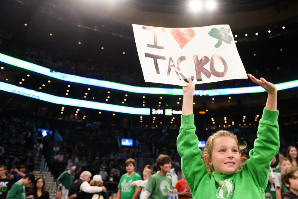 BOSTON, MA - OCTOBER 13: A young fan holds up a sign showing support for Tacko Fall #99 of the Boston Celtics prior to the start of the game against the Cleveland Cavaliers at TD Garden on October 13, 2019 in Boston, Massachusetts. NOTE TO USER: User expressly acknowledges and agrees that, by downloading and or using this photograph, User is consenting to the terms and conditions of the Getty Images License Agreement. (Photo by Kathryn Riley/Getty Images)