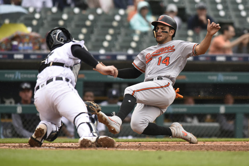 Detroit Tigers catcher Grayson Greiner, left, tags out Baltimore Orioles' Rio Ruiz at home plate in the sixth inning of a baseball game Sunday, Sept. 15, 2019, in Detroit. (AP Photo/Jose Juarez)