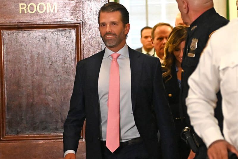 Donald Trump Jr. exits the courtroom during a break in his testimony Wednesday in the fifth week of former President Donald Trump's $250 million civil fraud trial at State Supreme Court in New York City. Photo by Louis Lanzano/UPI