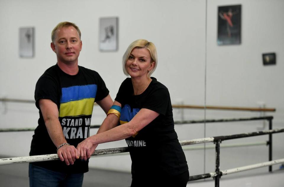 Husband and wife team Sergiy Mykhaylov and Darya Fedotova pose for a photo at their school, The International Ballet of Florida in University Park on March 3, 2022. They quickly changed the name from The School of Russian Ballet in reaction to Russia’s invasion of Ukraine.