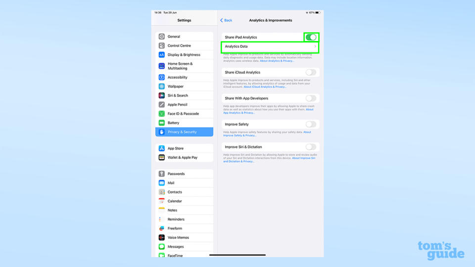 Screenshot of iPadOS Settings menu